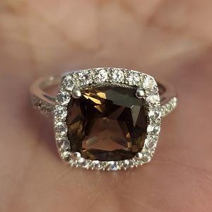 Genuine smoky quartz/diamond halo ring